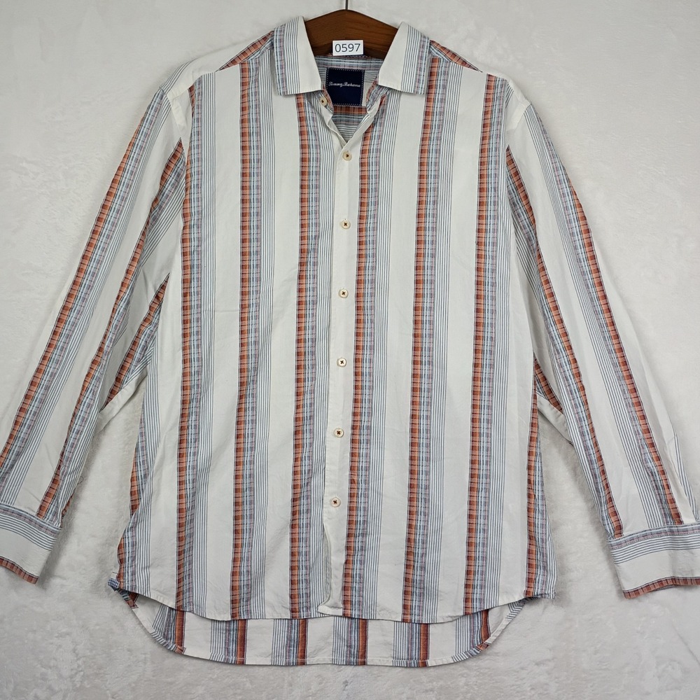Tommy Bahama Button Front Shirt Mens L White Striped Silk Blend Beach Coastal